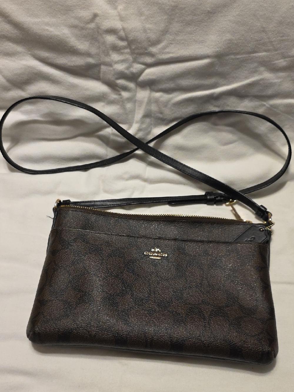 Coach Brown Signature Crossbody with Black Strap and Gold Hardware